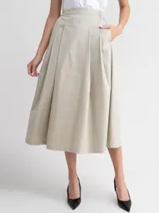 FableStreet Women Beige Solid Calf Length Flared Skirt