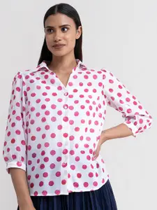 FableStreet Women White and Pink Semi Sheer Polka Dots Printed Casual Shirt