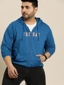 Sztori Men Plus Size Blue Printed Hooded Sweatshirt