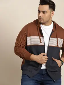 Sztori Men Plus Size Striped Hooded Front-Open Sweatshirt