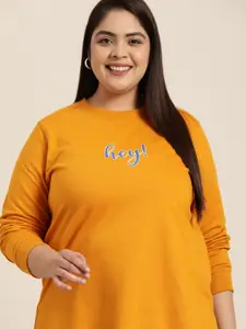 Sztori Women Plus Size Mustard Yellow Typography Printed Longline Sweatshirt