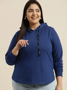 Sztori Women Plus Size Blue Solid Hooded Sweatshirt