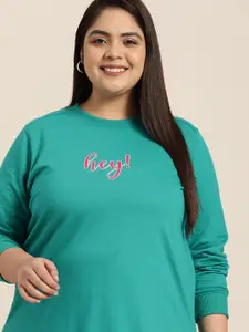 Sztori Women Plus Size Teal Green Typography Printed Longline Sweatshirt