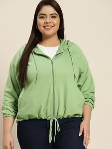 Sztori Women Plus Size Green Solid Hooded Sweatshirt