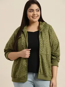 Sztori Women Plus Size Olive Green & Black Printed Front-Open Hooded Sweatshirt