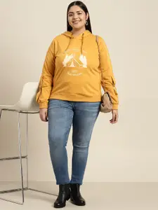 Sztori Women Plus Size Mustard Yellow Printed Hooded Sweatshirt