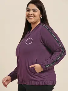 Sztori Women Plus Size Purple Solid Mock Collar Front-Open Sweatshirt