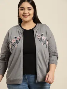 Sztori Women Plus Size Grey Applique Embroidered Sweatshirt