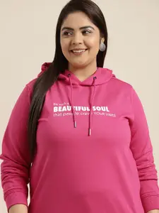 Sztori Plus Size Women Pink & White Printed Hooded Sweatshirt