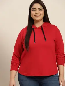 Sztori Women Plus Size Red Solid Hooded Sweatshirt