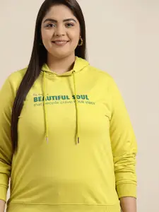 Sztori Plus Size Women Mustard Yellow & Green Printed Hooded Sweatshirt