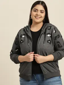 Sztori Women Plus Size Charcoal Grey Printed Hooded Sweatshirt