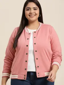 Sztori Women Plus Size Pink Solid Mock Collar Sweatshirt