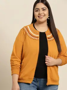 Sztori Women Plus Size Mustard Embroidered Sweatshirt