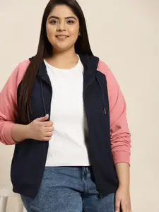 Sztori Women Plus Size Navy Blue & Pink Solid Hooded Sweatshirt