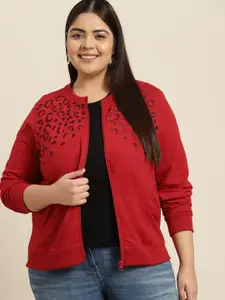 Sztori Women Plus Size Red Embroidered Sweatshirt