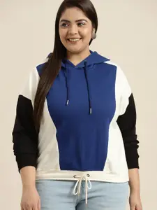Sztori Plus Size Women White & Navy Blue Colourblocked Hooded Sweatshirt