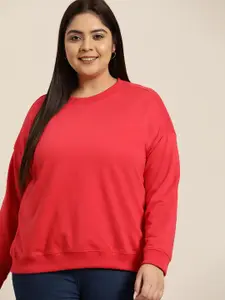Sztori Women Plus Size Coral Red Round Neck Solid Sweatshirt