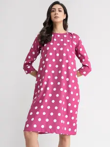 FableStreet Women Fuchsia Polka Dots Polyester A-Line Dress