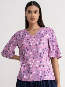 FableStreet Women Purple Polka Dot Printed Bell Sleeve Top