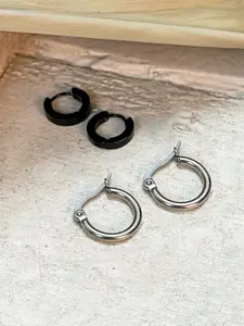 Ayesha Women Set Of 2 Silver & Black Mini Cuff Hoop Earrings