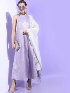 Vishudh Purple & Silver-Toned Self Design Ethnic Maxi Dress