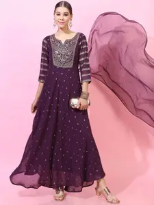 Vishudh Women Purple Printed Maxi Dress With Dupatta