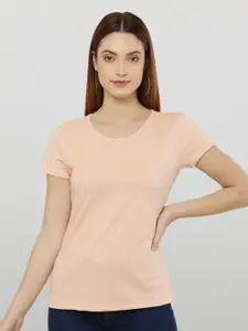 The Label Bar Women Peach-Coloured Solid Round Neck T-shirt