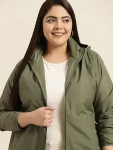 Sztori Women Plus Size Olive Green Windcheater Tailored Jacket With Hood