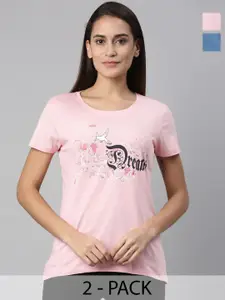 Kryptic Women Pack of 2 Pink and Blue Printed Pure Cotton Lounge Tshirts