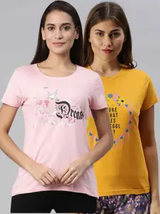 Kryptic Women Pack Of 2 Pink & Yellow Printed Cotton Lounge T-shirts