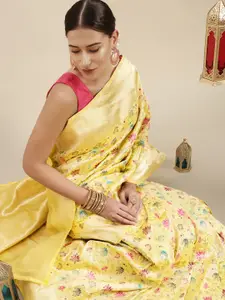 Royal Rajgharana Saree Beige & Pink Floral Zari Silk Blend Celebrity Banarasi Sarees