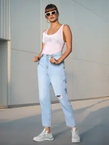 Flying Machine Women Blue High-Rise Low Distress Light Fade Straight Fit Jeans