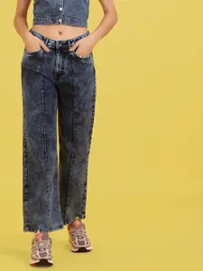 Flying Machine Women Blue Wide Leg Heavy Fade Acid Wash Stretchable Jeans