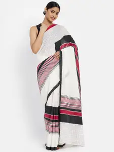 Fabindia White & Black Striped Pure Cotton Ready to Wear Block Print Saree