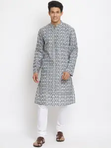 Fabindia Men Grey Geometric Checked Kurta
