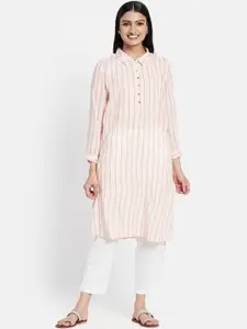 Fabindia Women Off White & Pink Geometric Striped Kurta