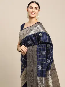 Royal Rajgharana Saree Navy Blue & Gold Ethnic Motifs Zari Celebrity Banarasi Sarees
