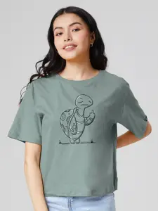 The Souled Store Women Green Printed Oversized T-shirt