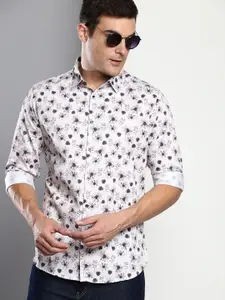 Dennis Lingo Men Cream-Coloured Slim Fit Floral Printed Casual Shirt