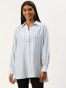 LC Waikiki Women White & Blue Striped High-Low Casual Shirt