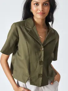 The Label Life Women Green Comfort  Lapel Collar Casual Shirt