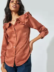 The Label Life Women Brown Comfort Ruffle Collar Shirt Casual Shirt