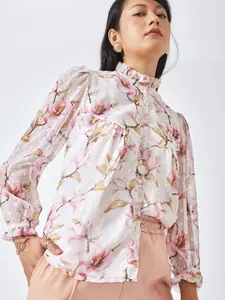 The Label Life Women Pink Comfort Floral Printed High Collar Casual Shirt