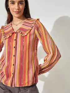 The Label Life Women Multicoloured Comfort Striped Ruffle Collar Casual Shirt