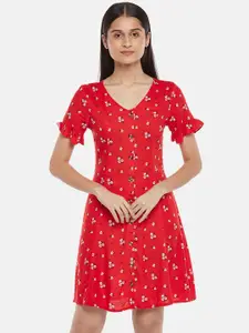 People Red & White Floral Printed A-Line Dress