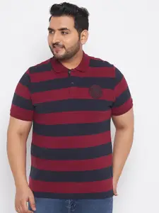 AUSTIVO Plus Size Men Navy Blue & Maroon Striped Polo Collar T-shirt
