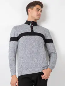 ARMISTO Men Navy Blue & Grey Mock Neck Pullover Sweater