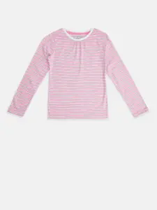 Pantaloons Junior Girls White & Pink Striped Cotton Round Neck T-shirt