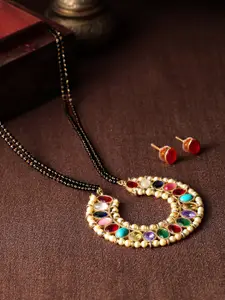 Rubans Gold-Plated Red Stone Studded Mangalsutra With Earrings